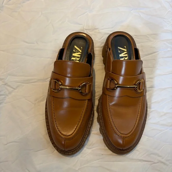 Zara Brown Leather Horsebit Mule Loafers - Picture 4 of 7